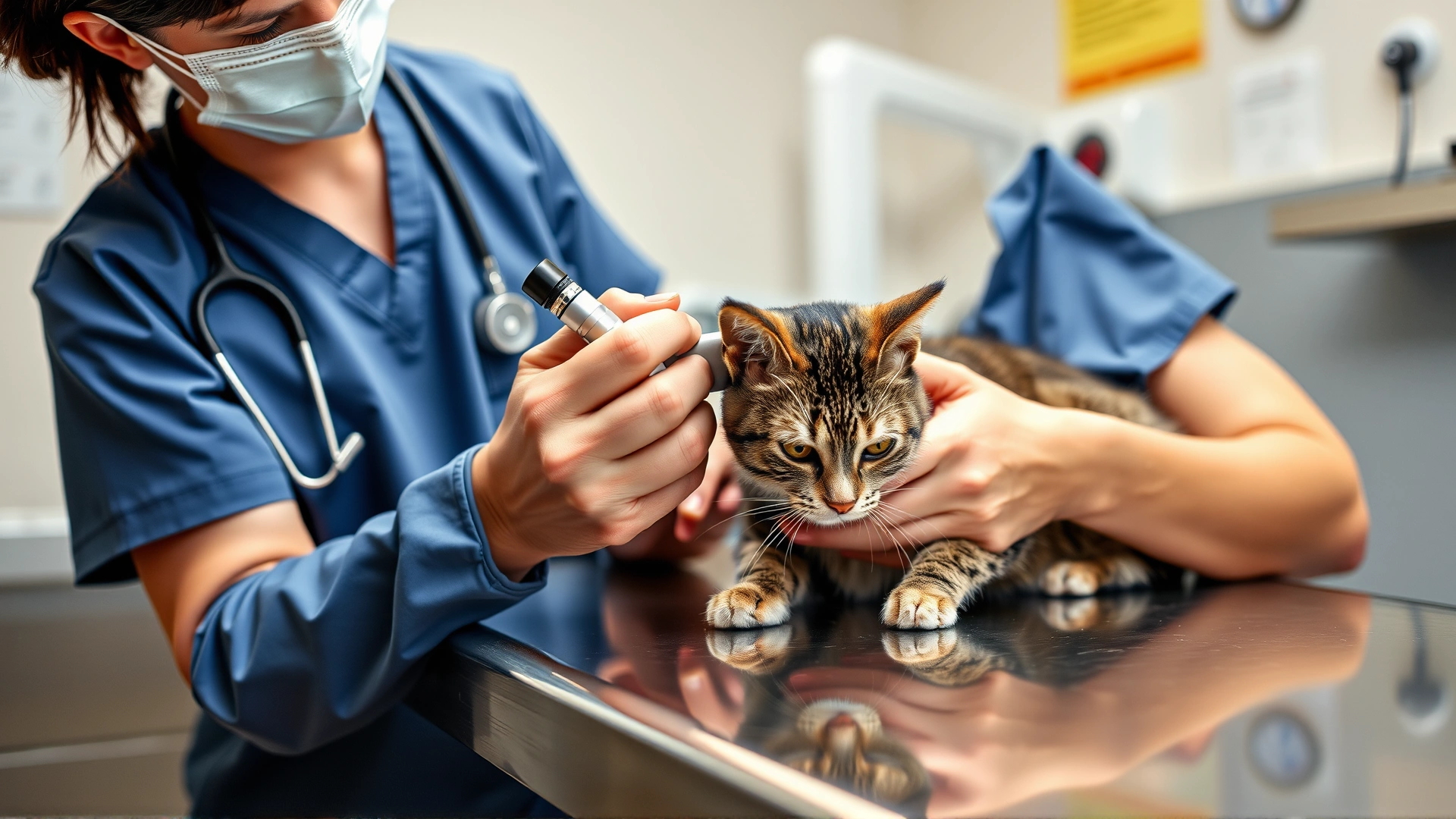 Female veterinarian wearing scrubs and using a stethoscope to listen to a cat’s abdomen in a well-lit exam room.