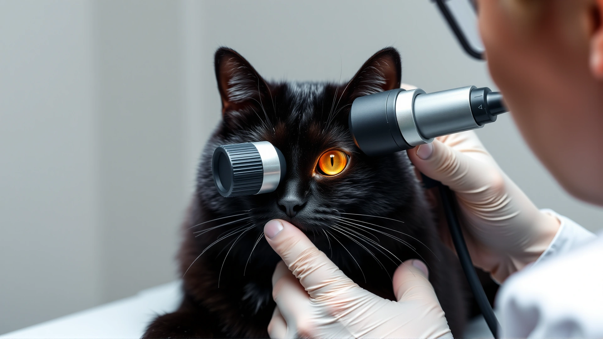 Veterinarian using an ophthalmoscope to examine a calm black cat’s eyes on an exam table, highlighting the diagnostic process.