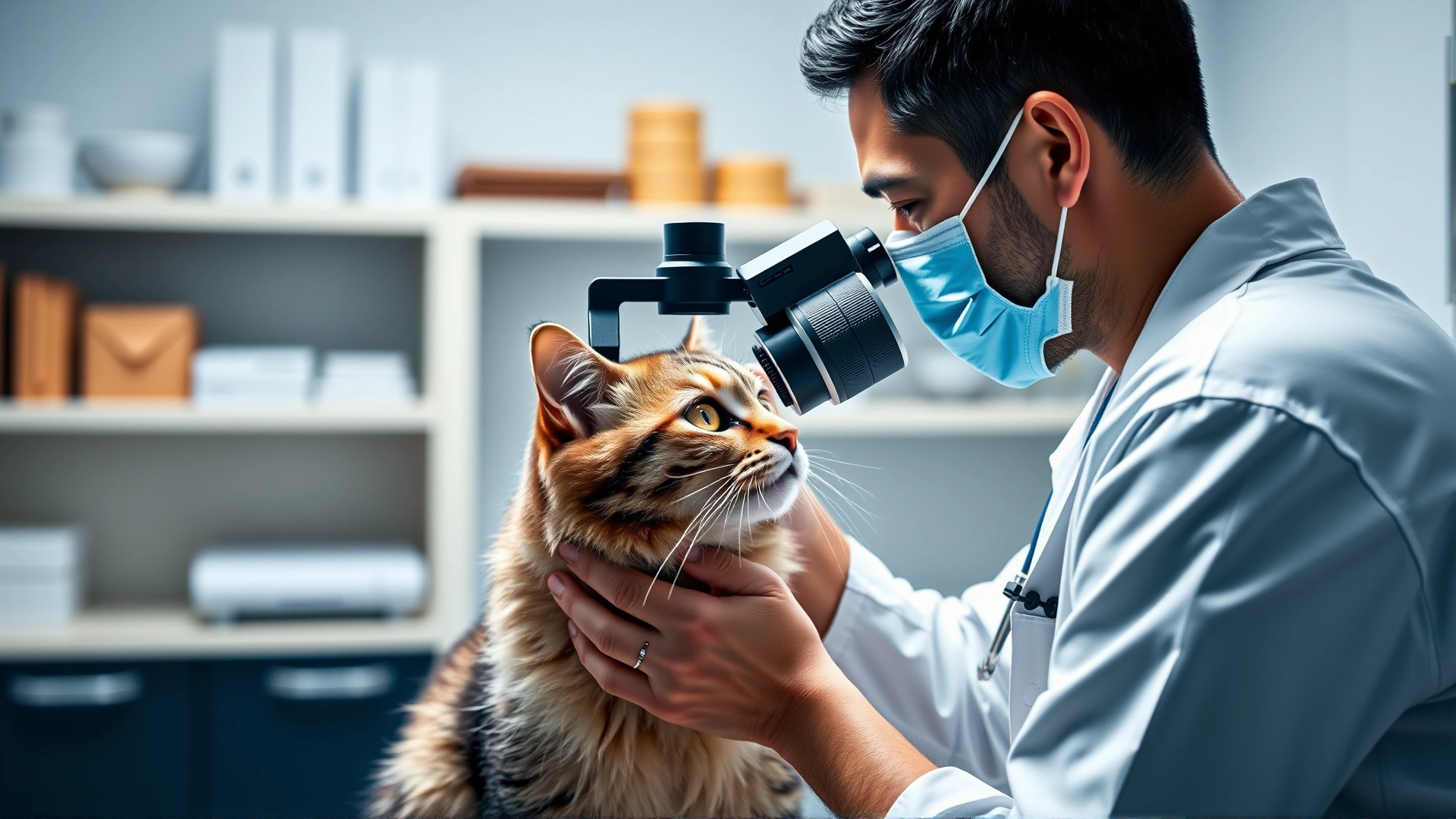 Veterinarian in white coat using a slit-lamp biomicroscope to examine a calm short-haired cat's eye in a modern clinic