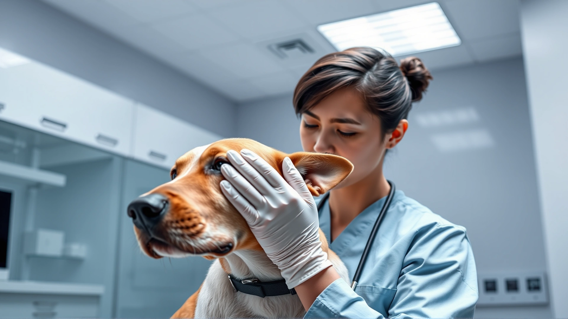 Veterinarian in a modern clinic gently examining a dog's ear with gloved hands, demonstrating professional care.