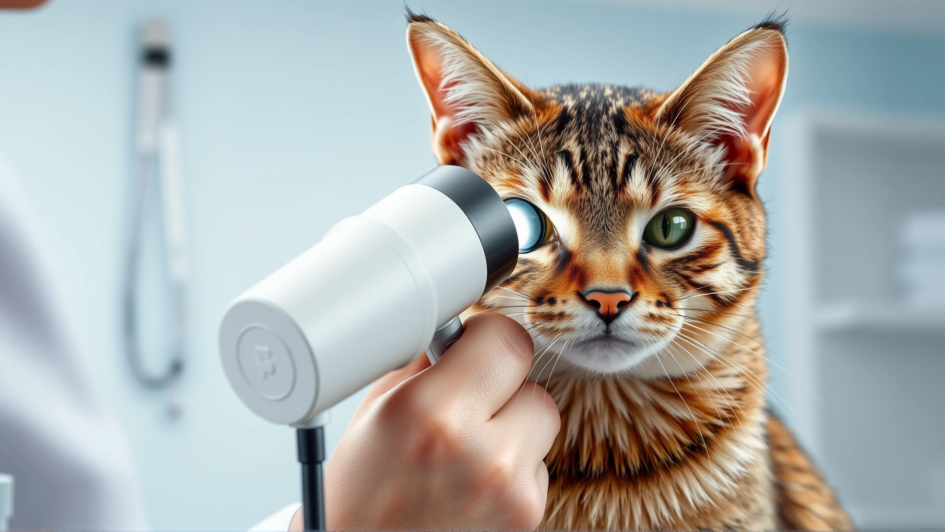 Veterinarian examining a tabby cat's eye with an ophthalmoscope in a clean modern clinic