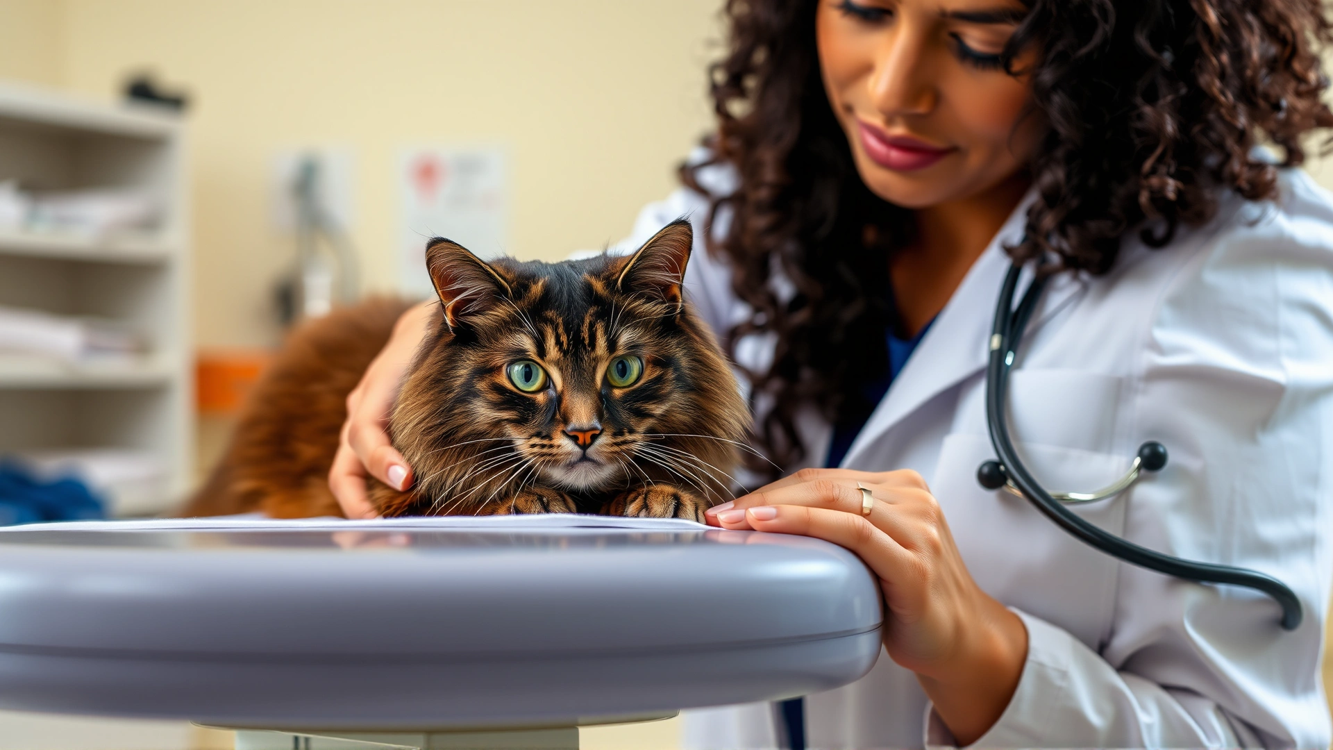 Veterinarian gently examining a cat on an exam table, bright clinic setting, stethoscope visible, demonstrates diagnostic process.