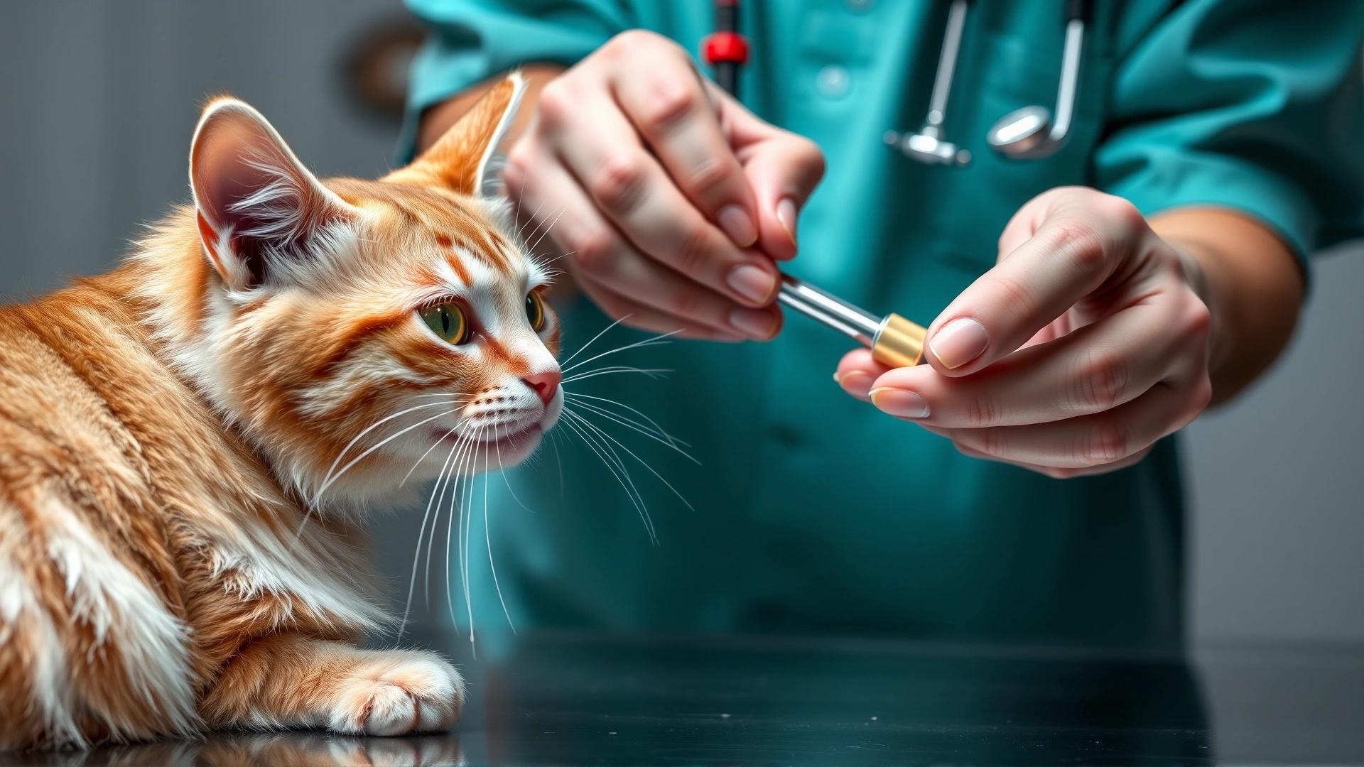 Veterinarian performing a neurological reflex test on a cat’s hind leg, using a small reflex hammer, clinical setting