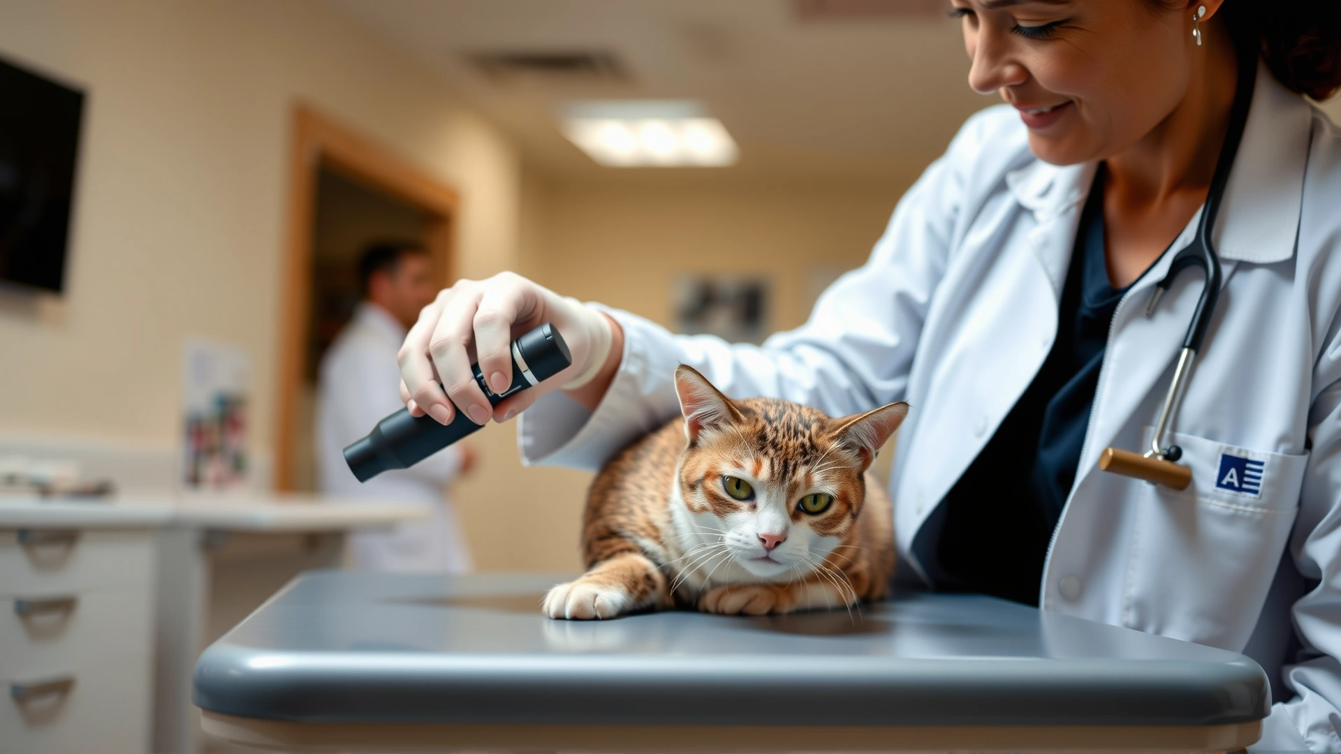 Veterinarian wearing white coat gently examining a cat's ears with an otoscope on an exam table; clinic environment, no text visible.