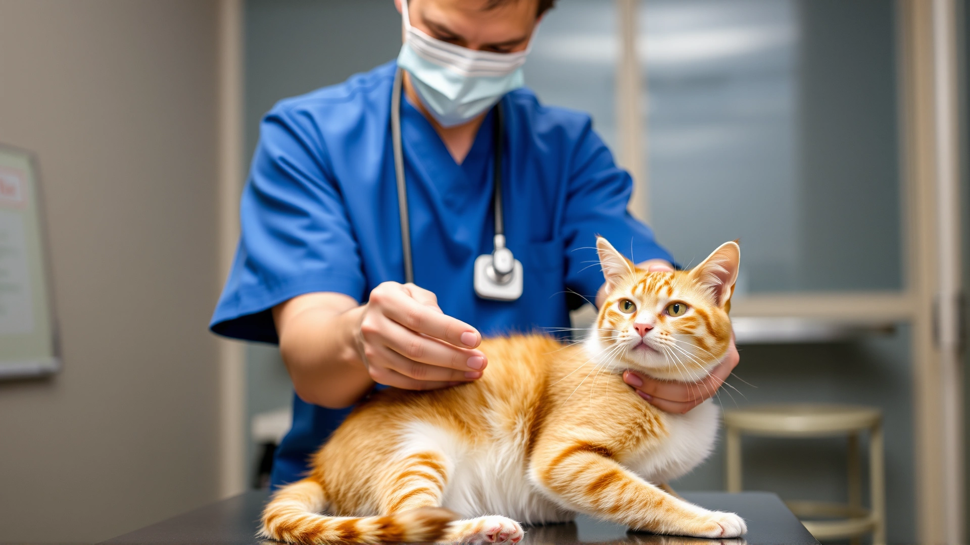 Veterinarian wearing scrubs conducting a neurological reflex test on a cat, clinic interior, professional lighting