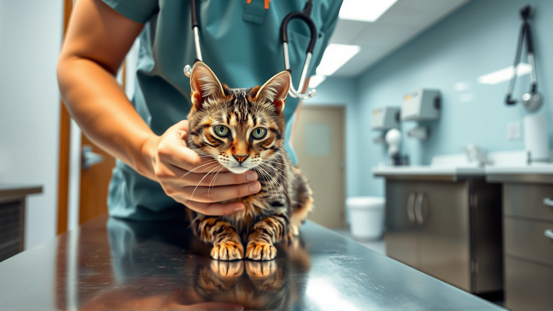 Veterinarian gently examining a tabby cat on a stainless steel table inside a modern vet clinic.