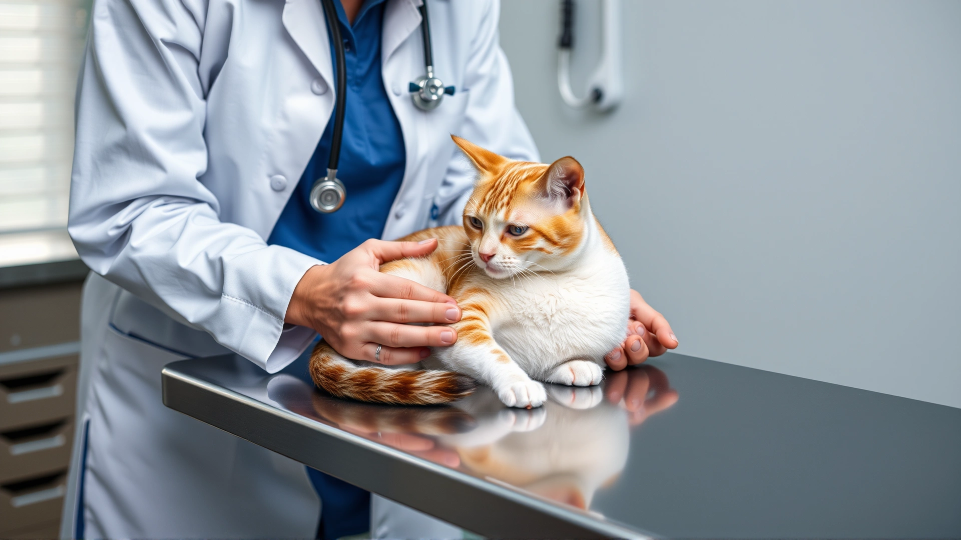Veterinarian gently examining a pregnant cat on a stainless steel clinic table, stethoscope visible, no text.