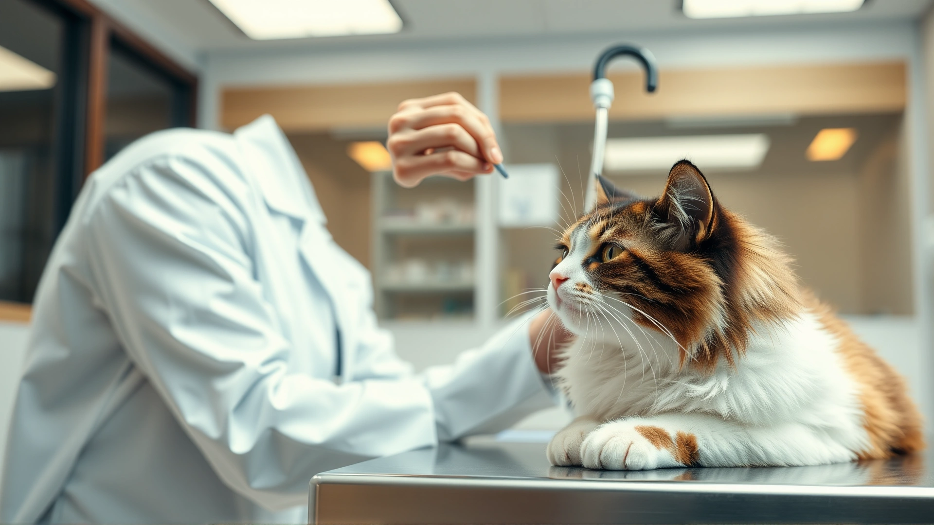 Veterinarian wearing a white coat gently examining a cat’s face and nose on a stainless-steel exam table in a modern clinic, warm lighting.