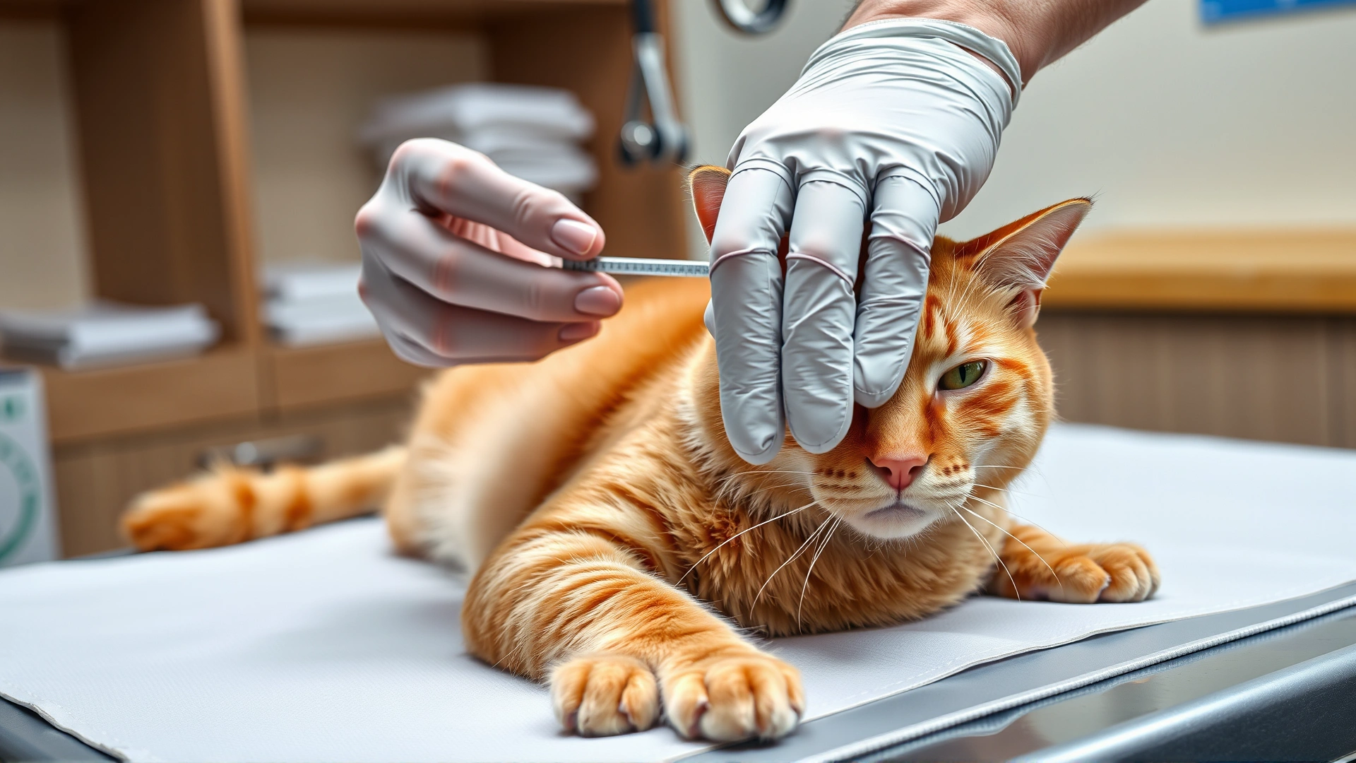 Veterinarian using a caliper to measure a fold of skin on an adult orange cat laying calmly on an examination table