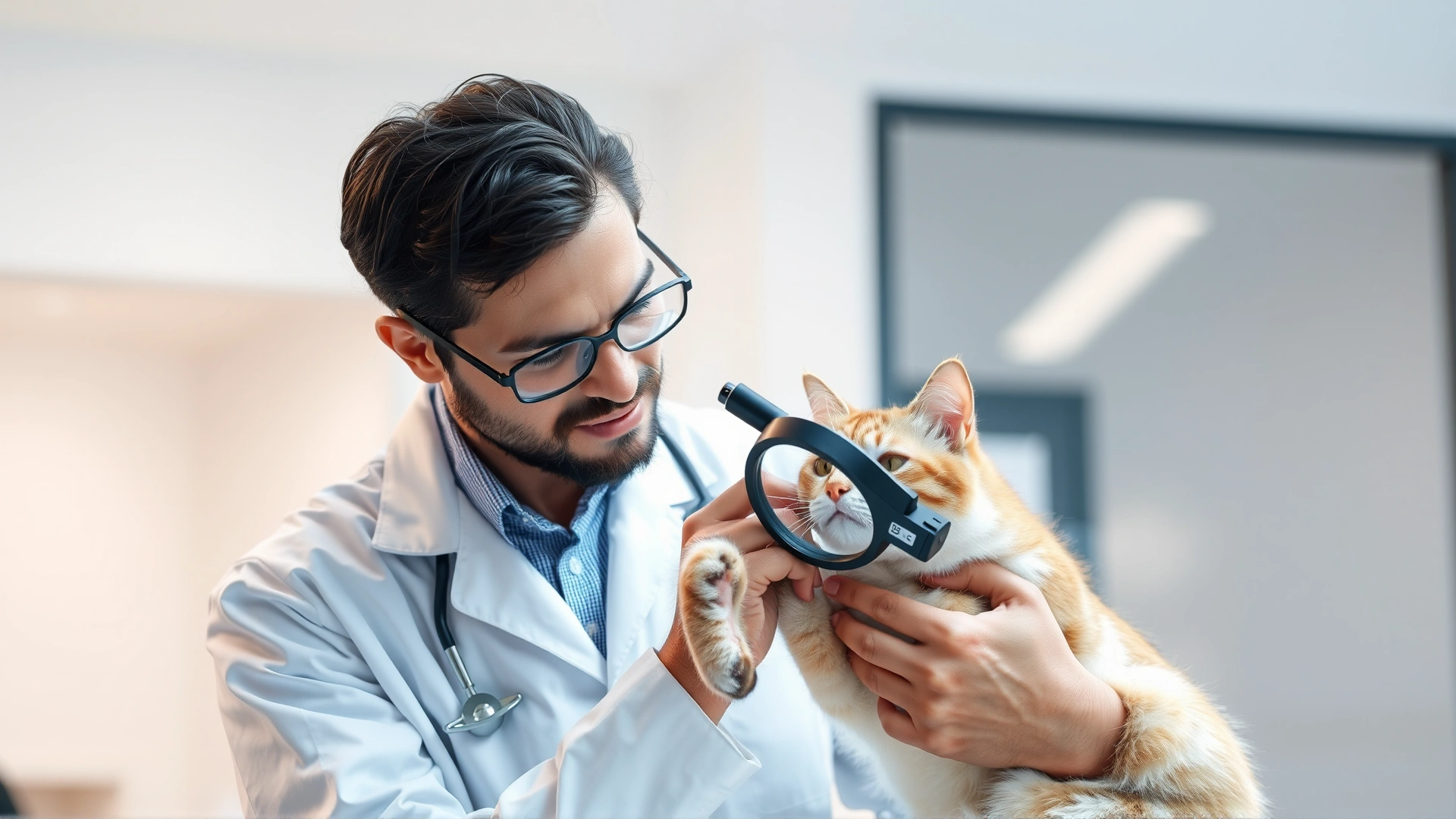 Veterinarian wearing white coat examining a cat's skin with a magnifying lens in a modern clinic setting