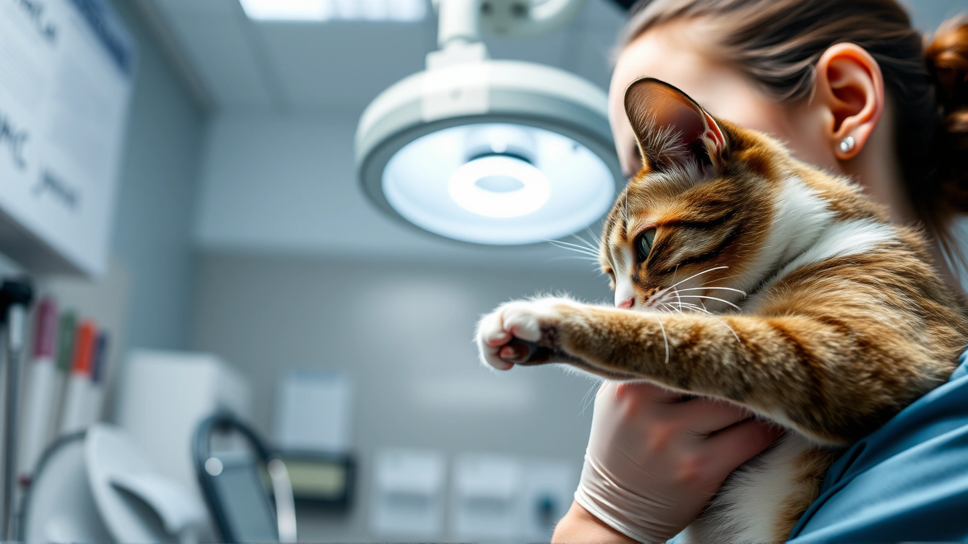 Veterinarian in scrubs examining a cat’s paw under focused clinic light, medical instruments blurred in background