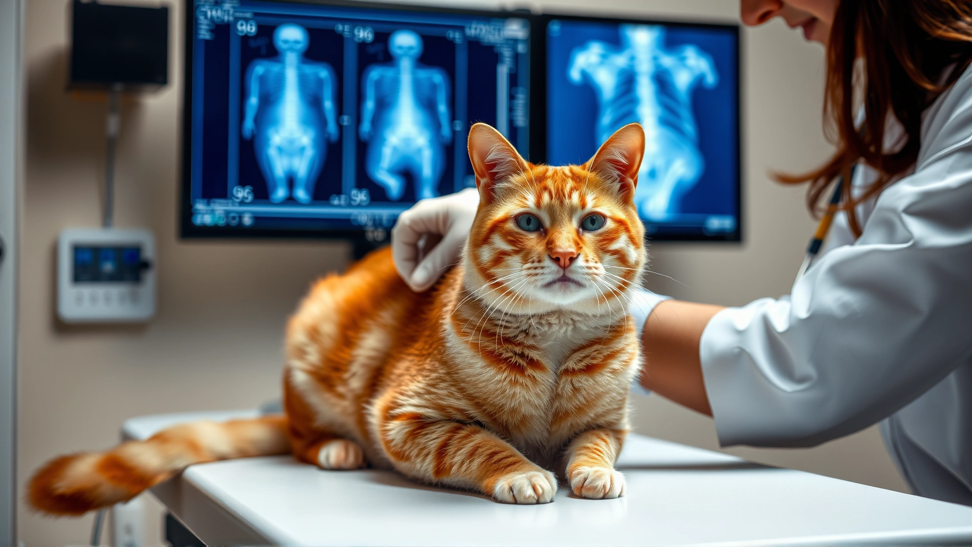 Veterinarian gently examining a ginger cat on an examination table, with X-ray images visible on a monitor in the background.