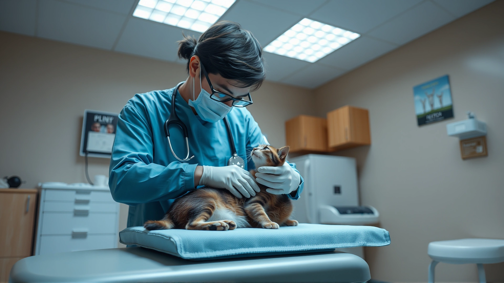 Veterinarian gently examining a cat’s throat on an examination table in a well-lit clinic room.