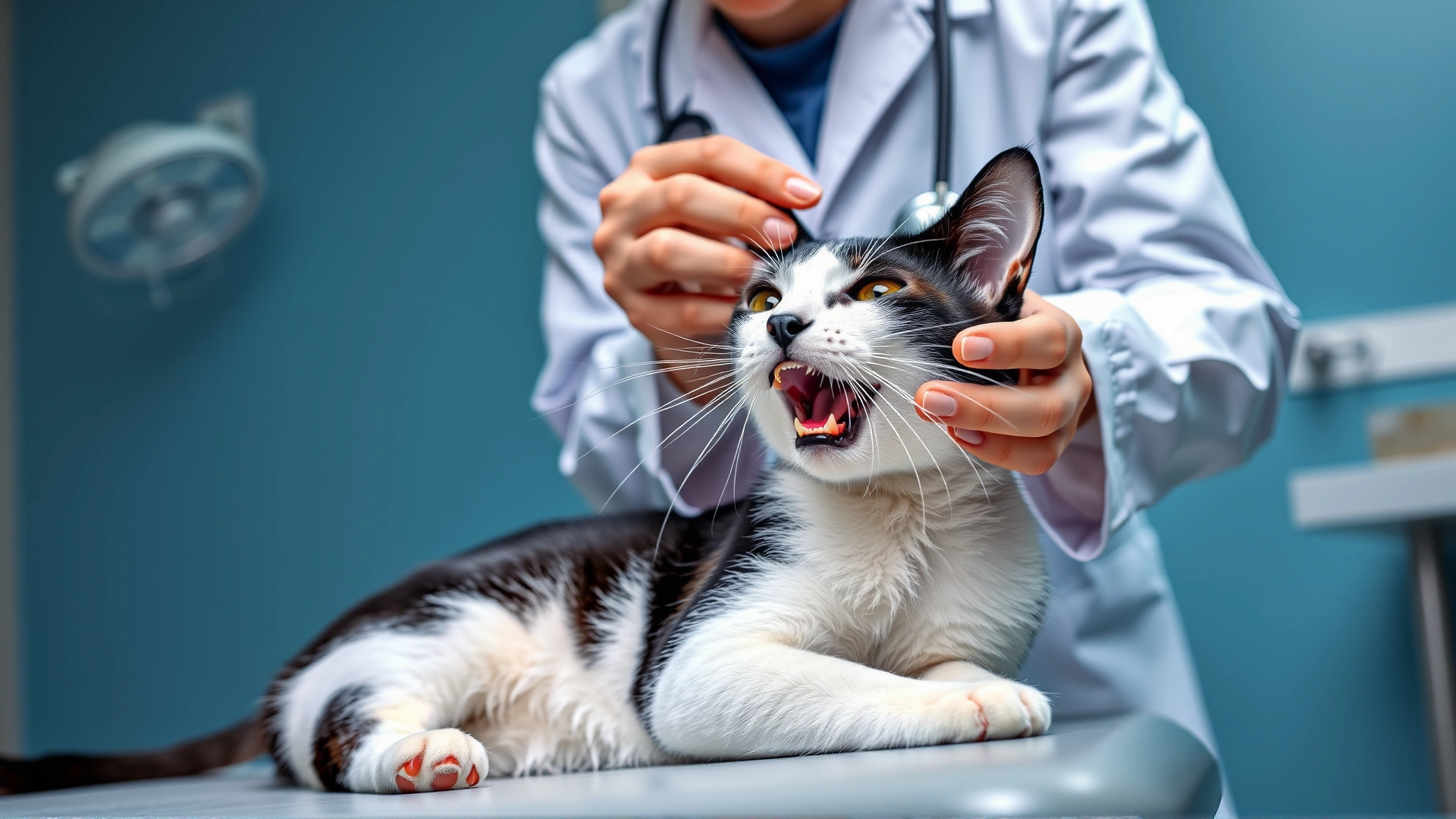 Veterinarian in a white coat gently examining an adult black-and-white cat’s mouth on an examination table, clinic setting, professional lighting.