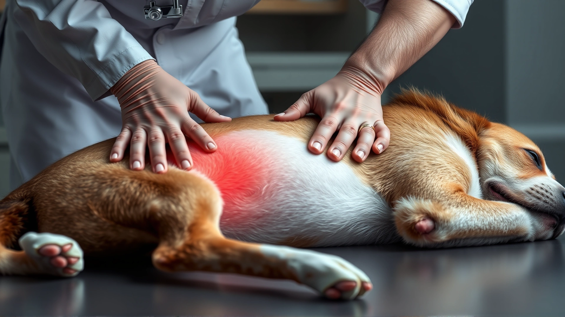 Mid-shot of a veterinarian palpating the groin of a calm dog lying on its side, illustrating physical examination for inguinal hernia.