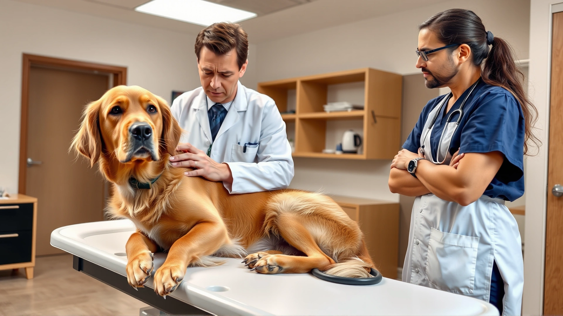 Veterinarian examining a golden retriever on an exam table while a worried owner watches, modern clinic environment.