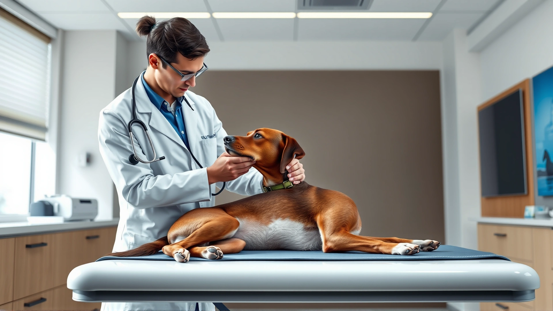 Veterinarian in a white coat examining a dog on an exam table in a modern clinic, stethoscope visible