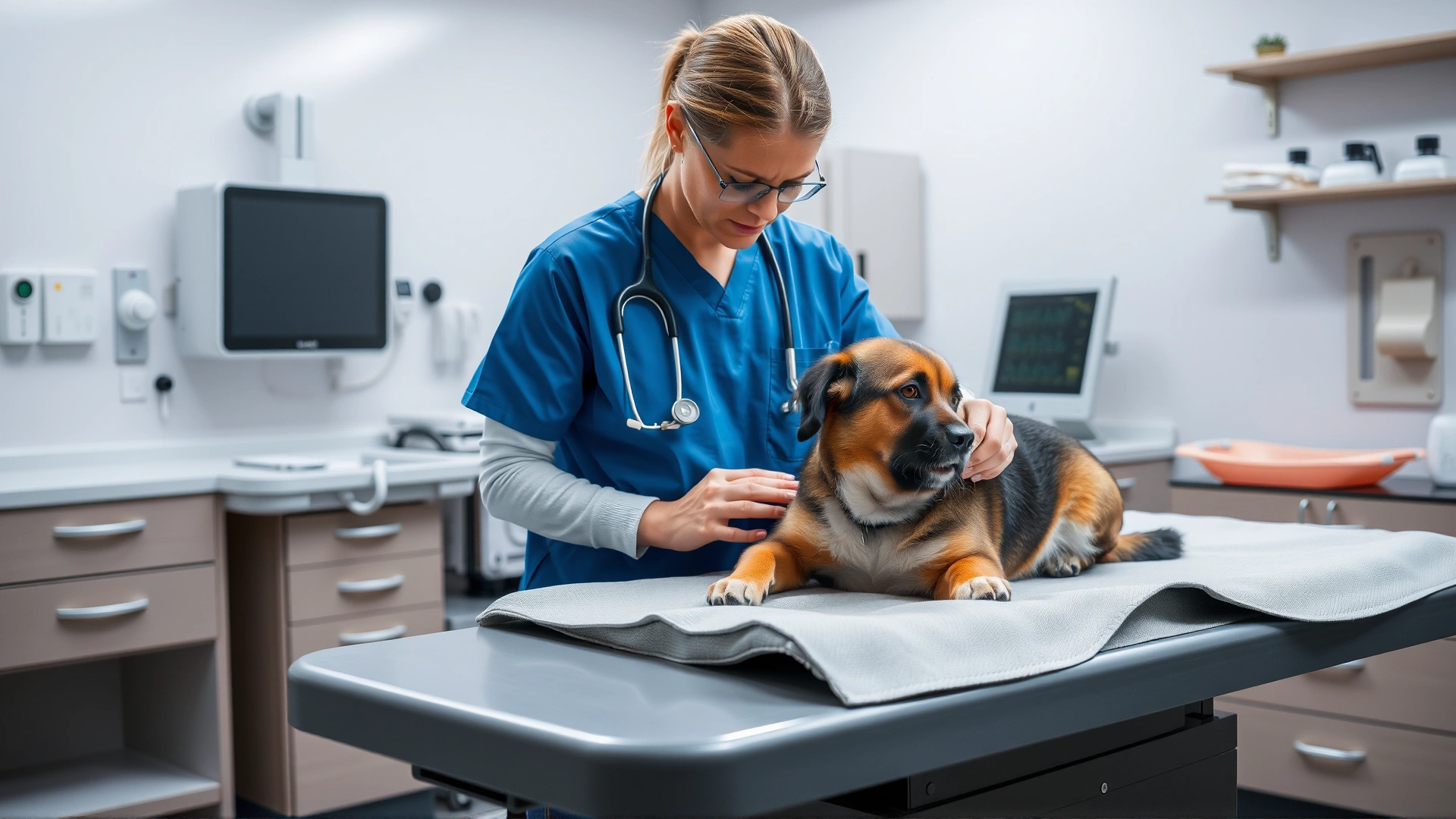 Veterinarian in a modern clinic gently examining a medium-sized dog on the exam table, medical equipment visible in background