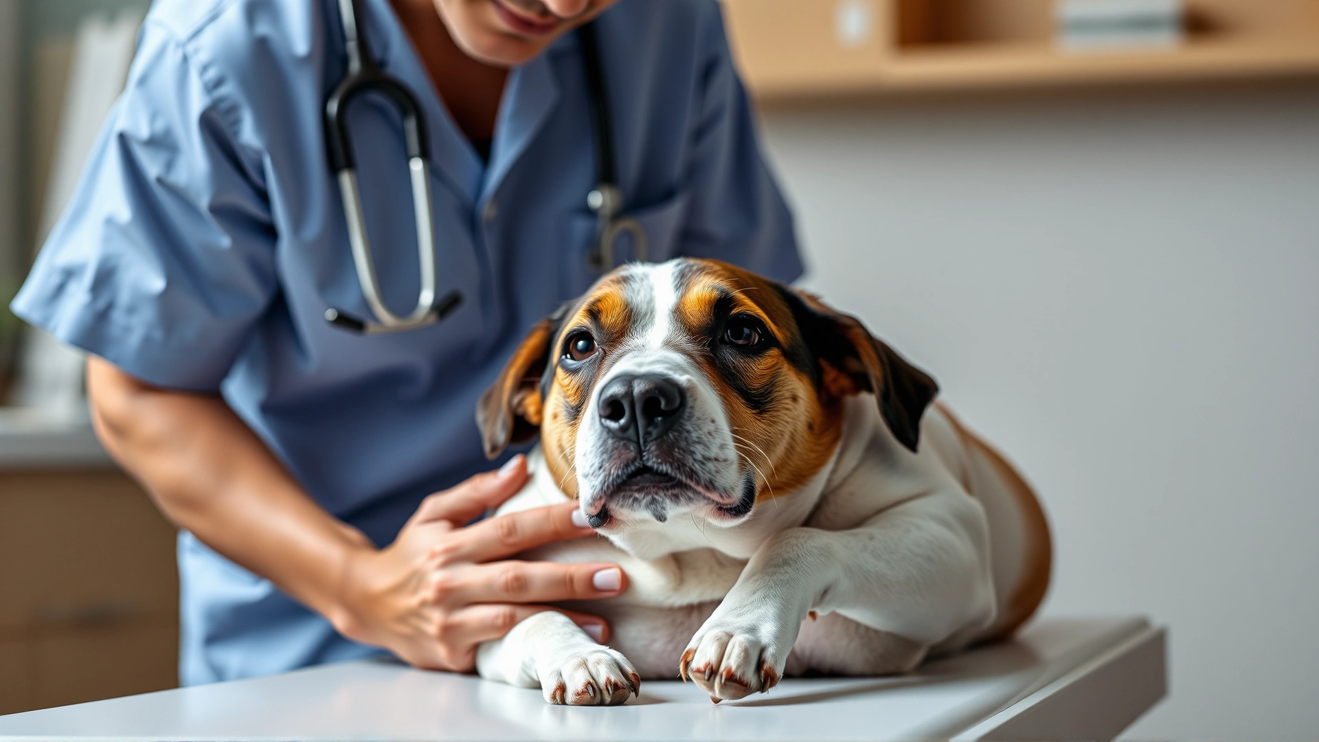 Veterinarian gently palpating a dog’s abdomen on an exam table, clinic background softly focused, no text
