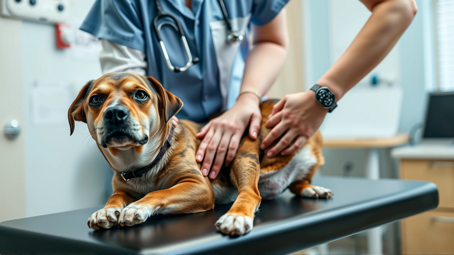 Veterinarian gently palpating a medium-sized dog’s abdomen on an exam table with stethoscope visible, bright clinical setting