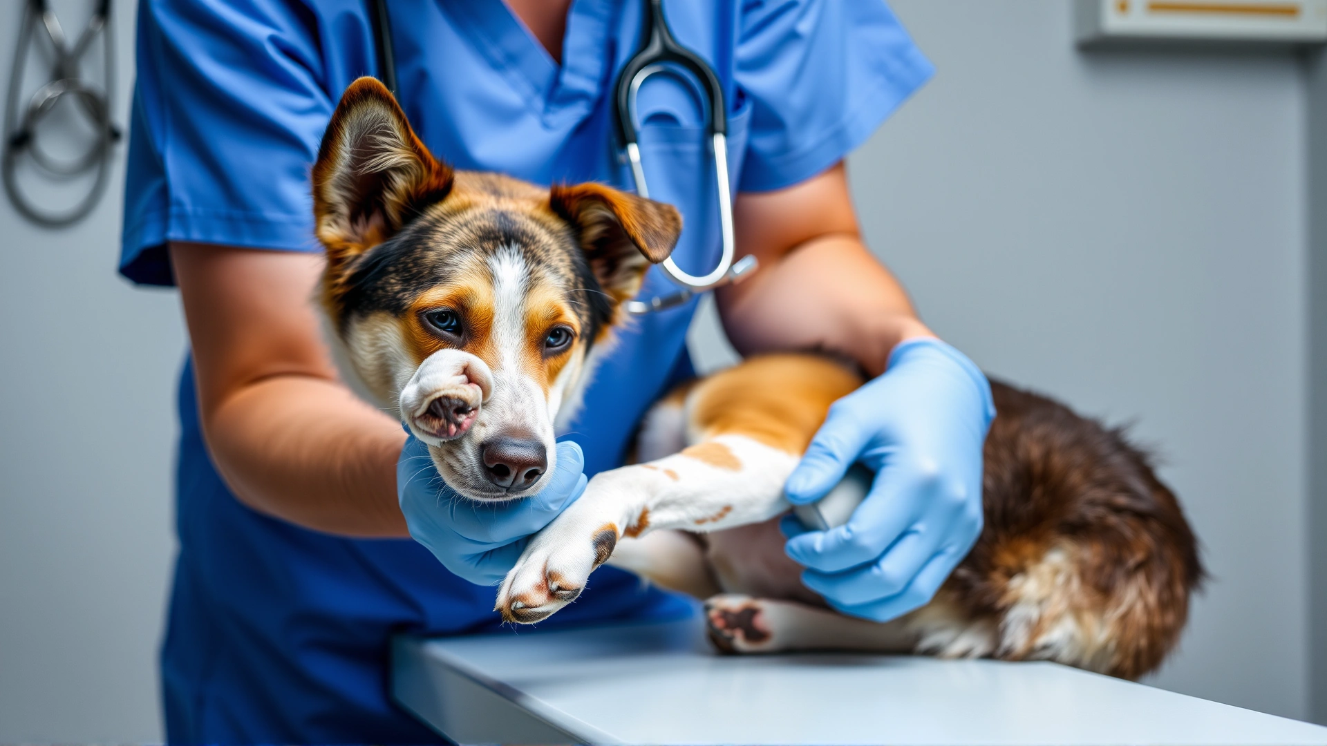 Veterinarian wearing blue scrubs gently inspecting a dog's paw on an examination table