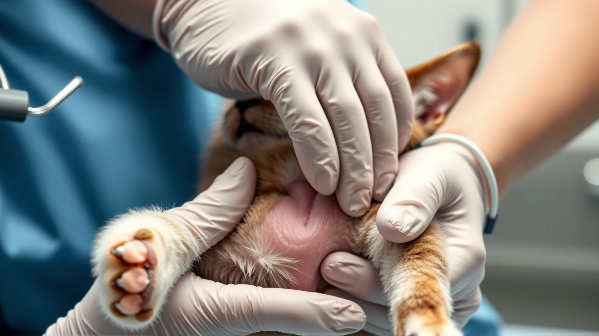 Close-up of veterinarian checking a cat’s genital area with gloved hands, clinical background, no text