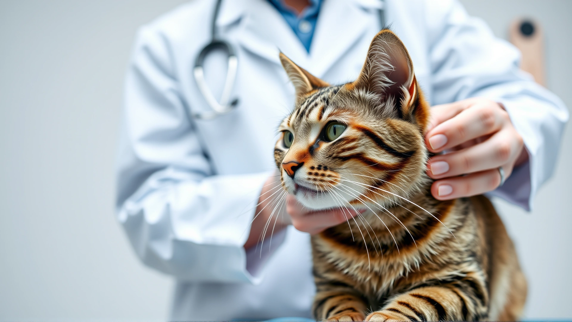 Veterinarian in white coat examining a calm tabby cat on an exam table, focusing on the cat’s head and mouth, bright clinic background.
