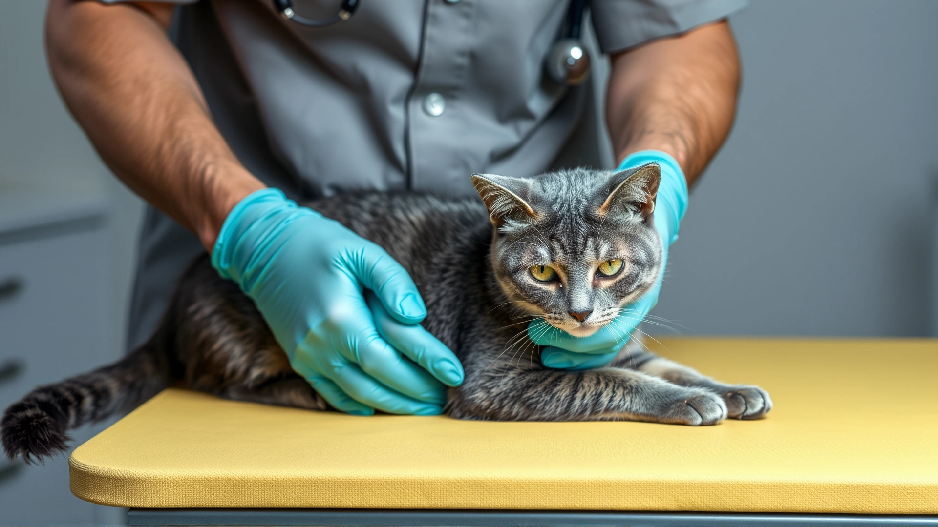 Veterinarian carefully palpating a gray domestic shorthair cat on an examination table