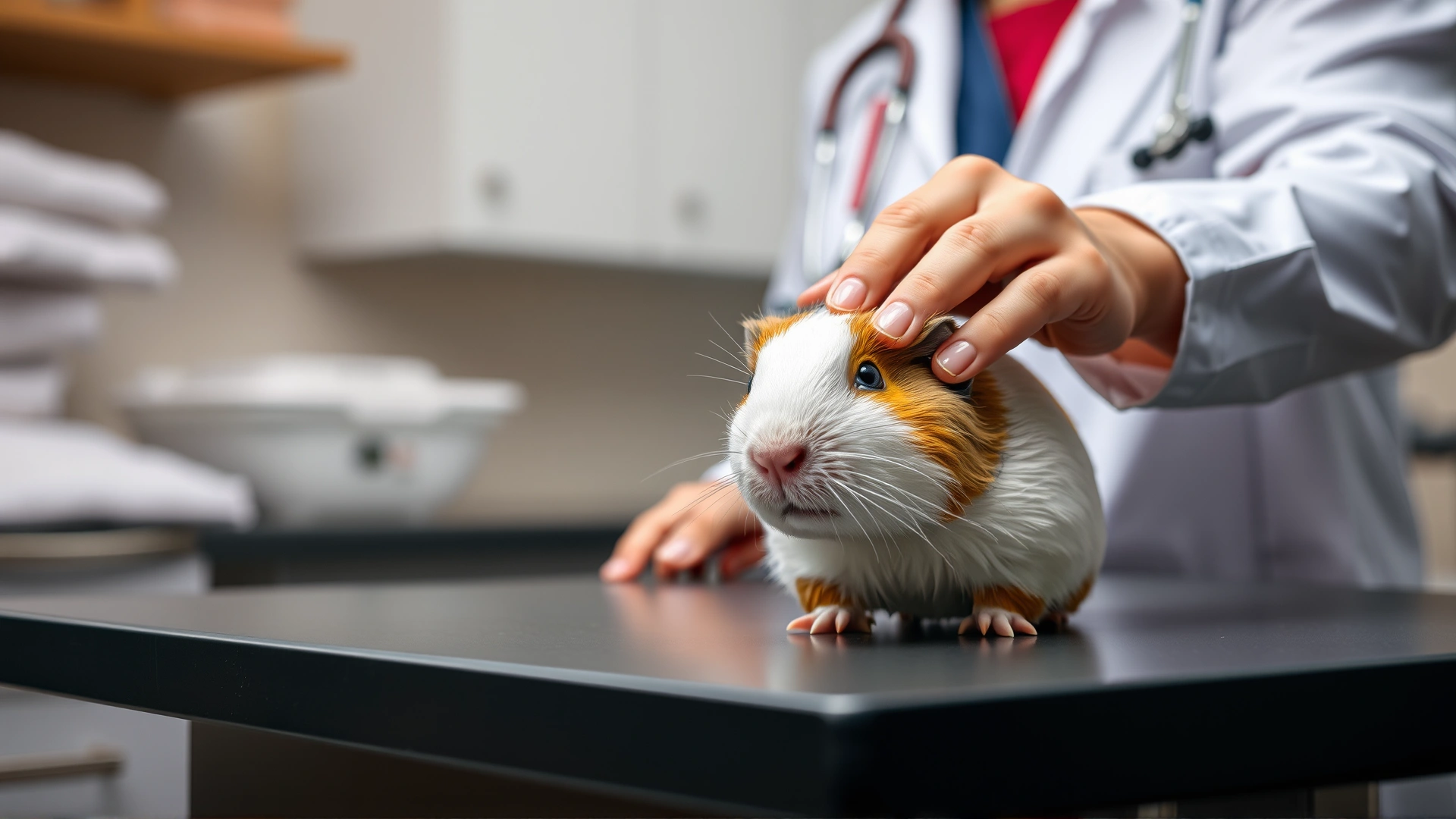 Veterinarian gently examining a pregnant guinea pig on a clinic table with soft lighting and professional setting.