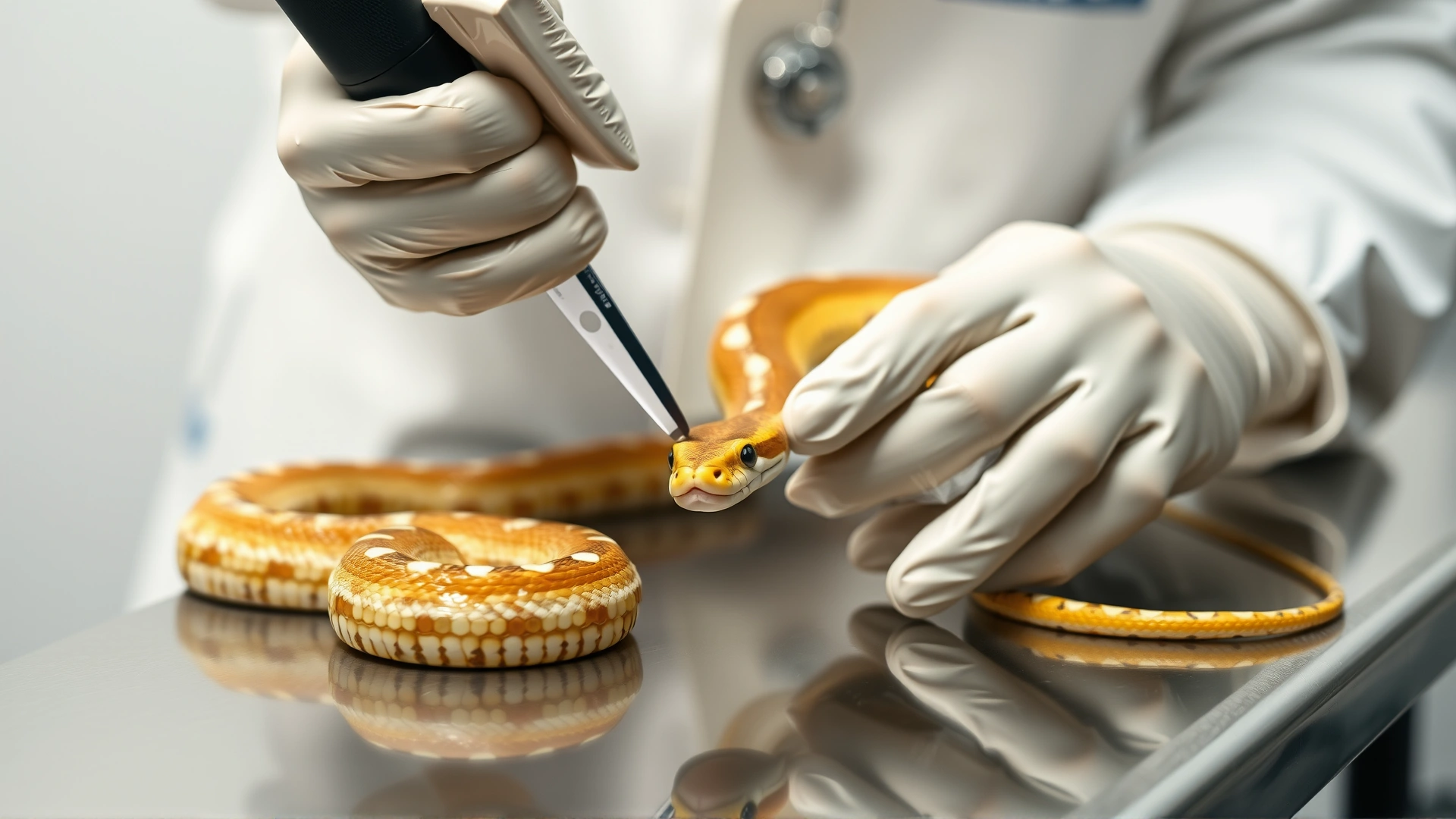 Exotic animal veterinarian wearing gloves carefully examining a corn snake on a stainless steel examination table