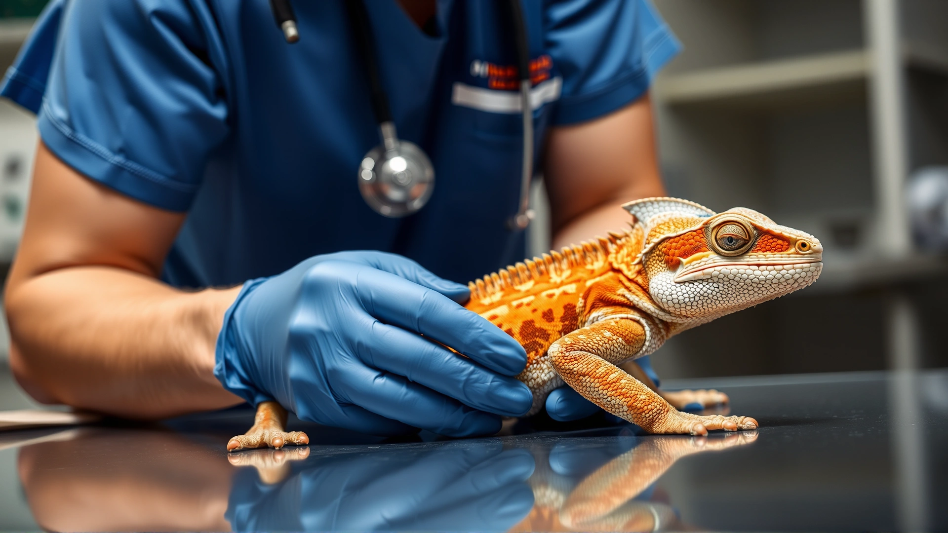 Reptile veterinarian wearing gloves gently palpating a chameleon on an examination table, clinic background blurred.
