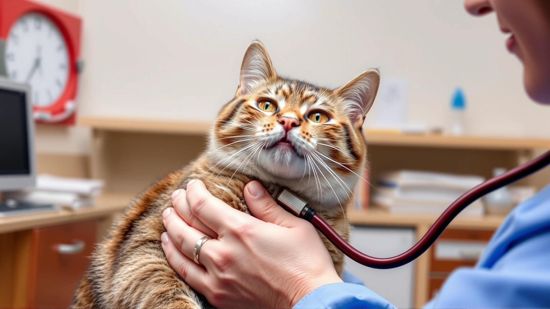 Veterinarian placing stethoscope on a cat's chest during clinic exam, medical office background, no text