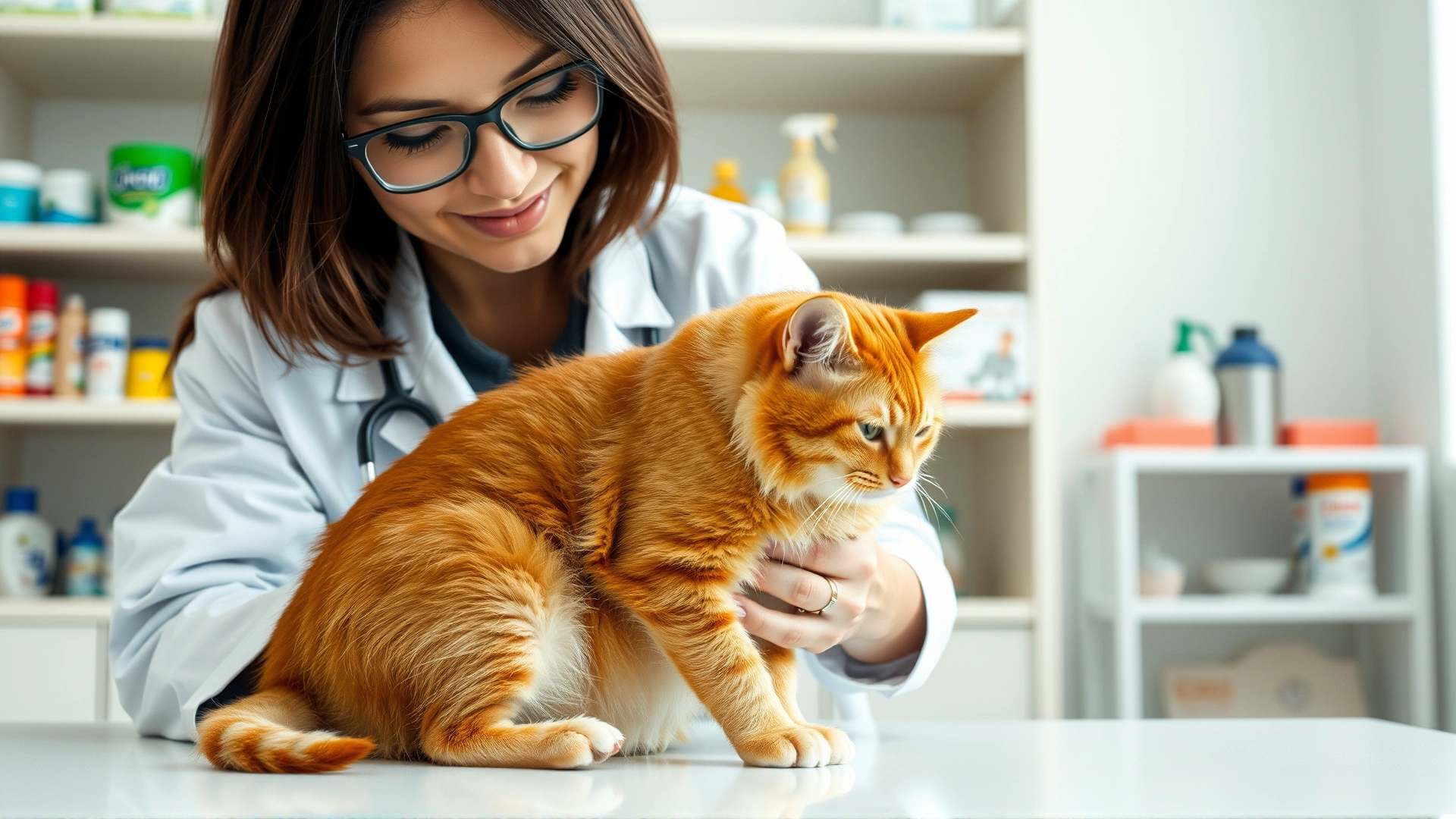 Female veterinarian in white coat gently examining a ginger cat’s abdomen in a bright, modern clinic room; shelves with pet care products blurred in background