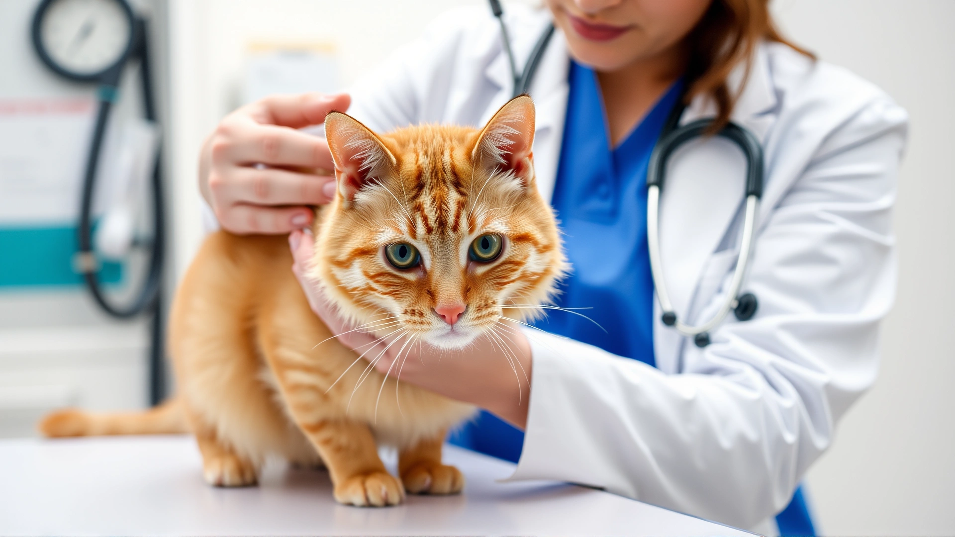 Female veterinarian gently examining a ginger cat on an exam table, stethoscope around neck, white clinic background.