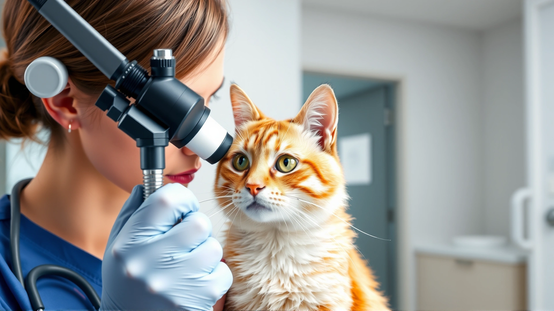 Veterinarian gently examining a cat's eye with an ophthalmoscope in a modern clinic setting, natural colors, no text