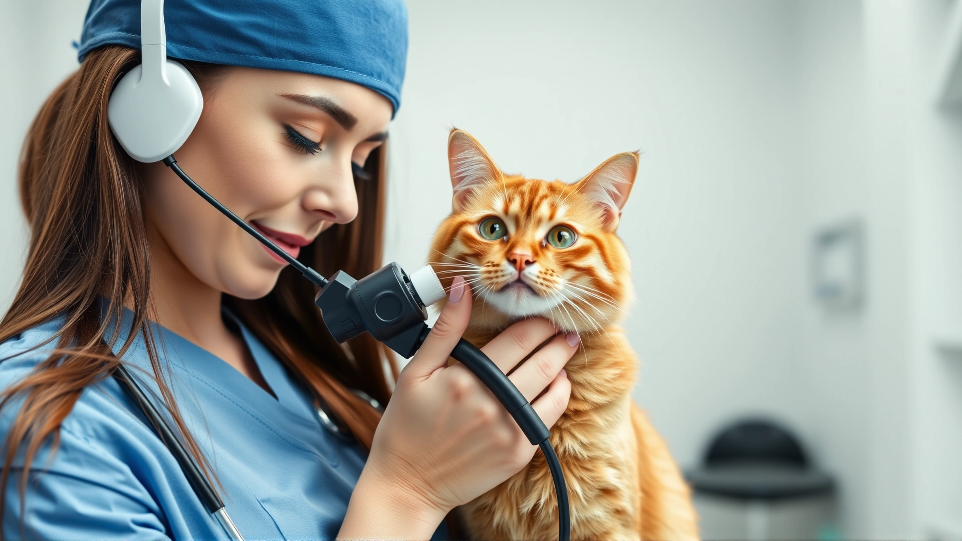 Female veterinarian wearing blue scrubs using an otoscope to examine a ginger cat’s ear in a brightly lit veterinary clinic