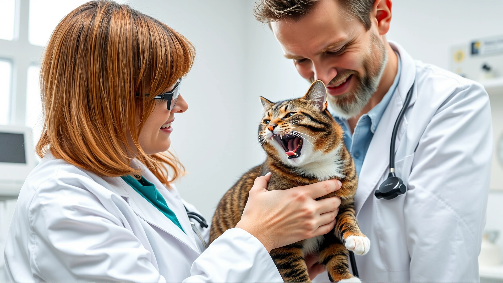 Veterinarian in white coat gently inspecting a cat's mouth on an examination table inside a bright modern clinic.