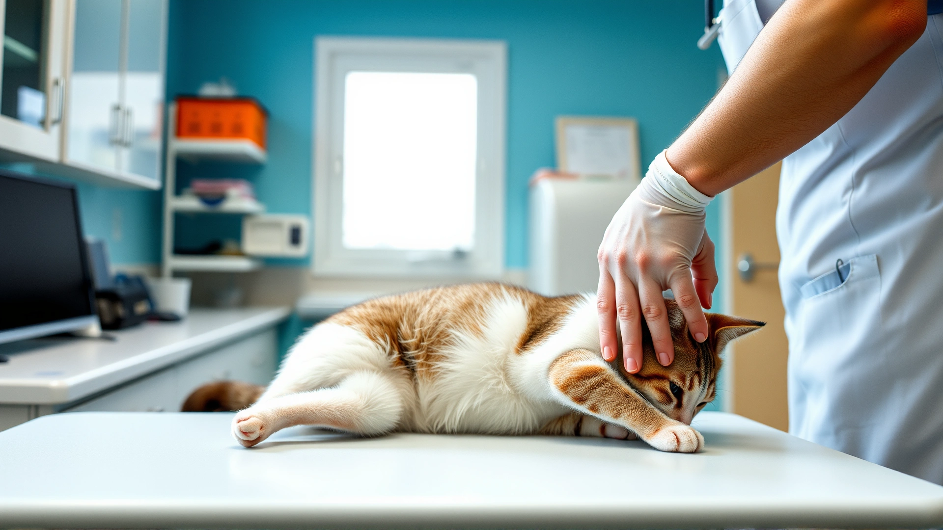 Professional veterinary clinic scene of a veterinarian gently palpating a cat’s spine on an examination table, bright and clean environment
