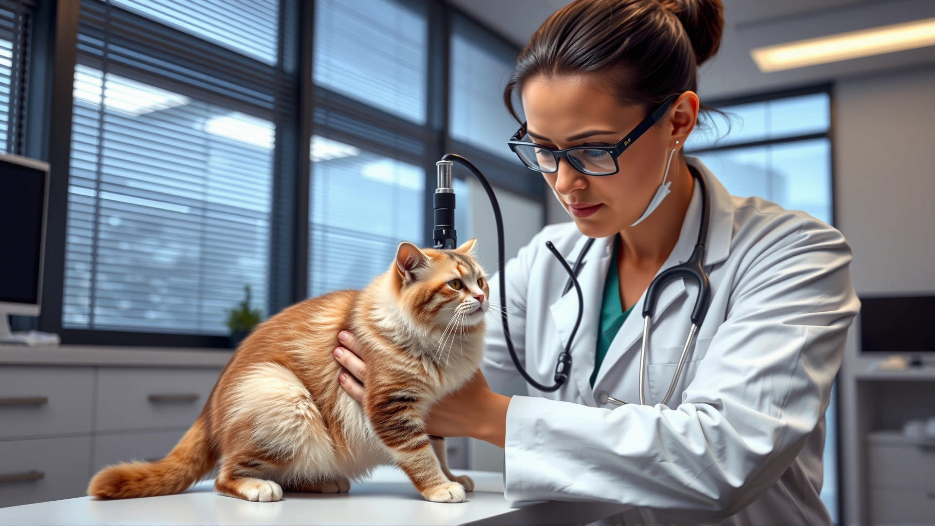 Veterinarian in a white coat using a dermatoscope to examine a cat’s skin for dandruff, modern clinic setting, professional atmosphere.