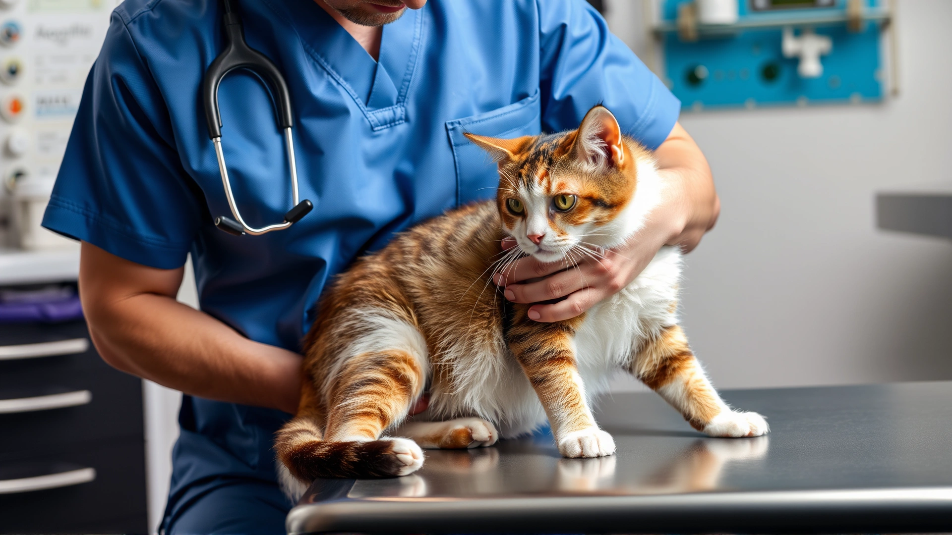Veterinarian in clinic gently palpating a cat's abdomen on an examination table, professional setting.