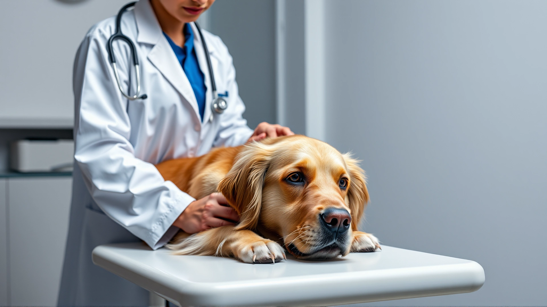 Veterinarian in a white coat gently examining a golden retriever on an exam table, stethoscope visible, clinical setting