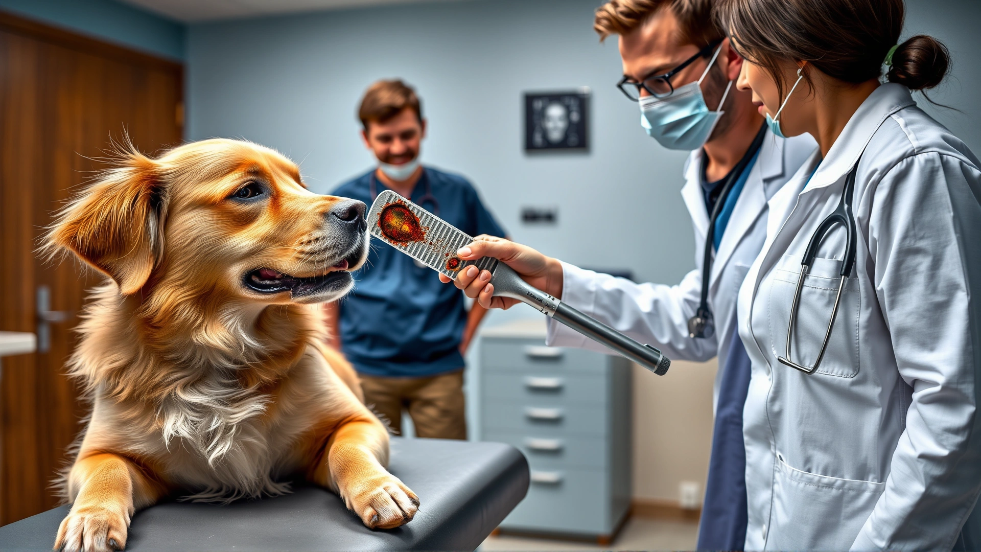 Veterinarian in a modern clinic showing a dog owner a flea comb with visible flea dirt while a golden retriever sits on the exam table.