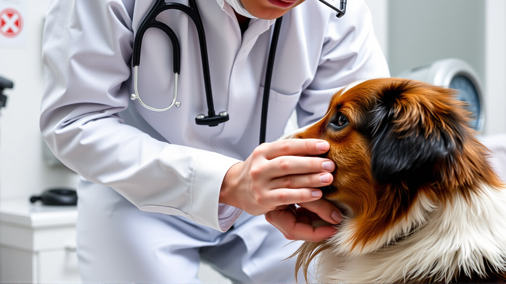 Veterinarian gently examining a dog's front leg in a clinic setting.