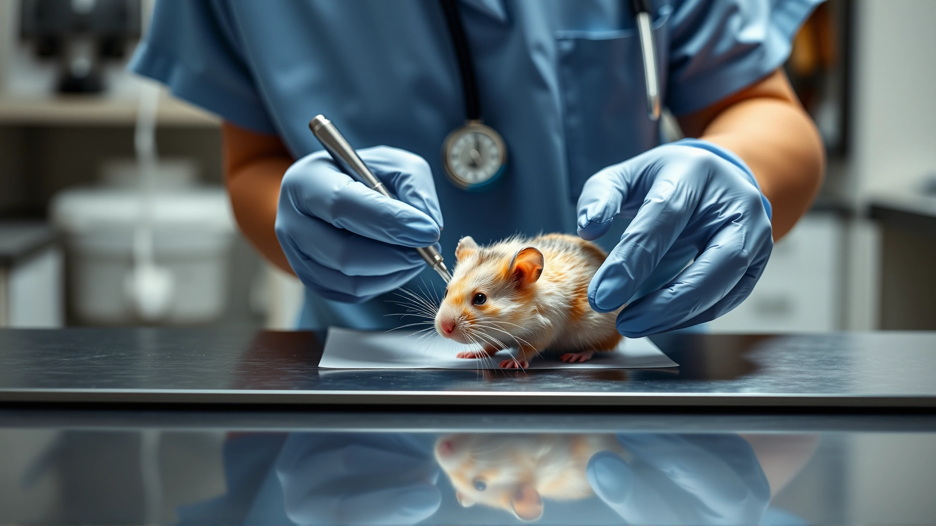 Veterinarian wearing gloves gently examining a hamster on a stainless clinic table, medical equipment blurred in background.