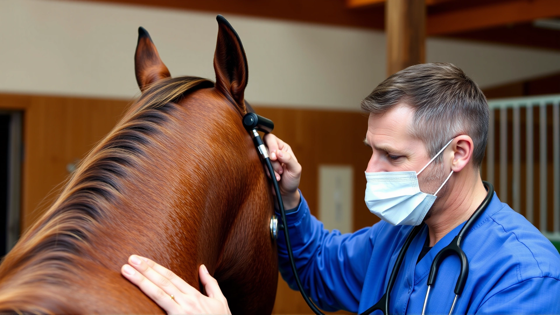 Equine veterinarian wearing a stethoscope and inspecting a horse's neck with a portable endoscope, clinical barn environment, no text.
