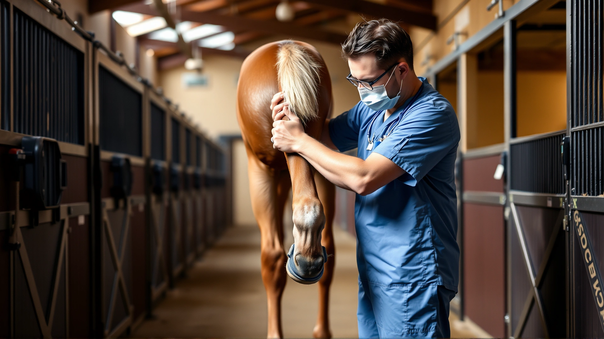 Equine veterinarian in a stable aisle gently lifting and flexing a horse hind leg during lameness examination