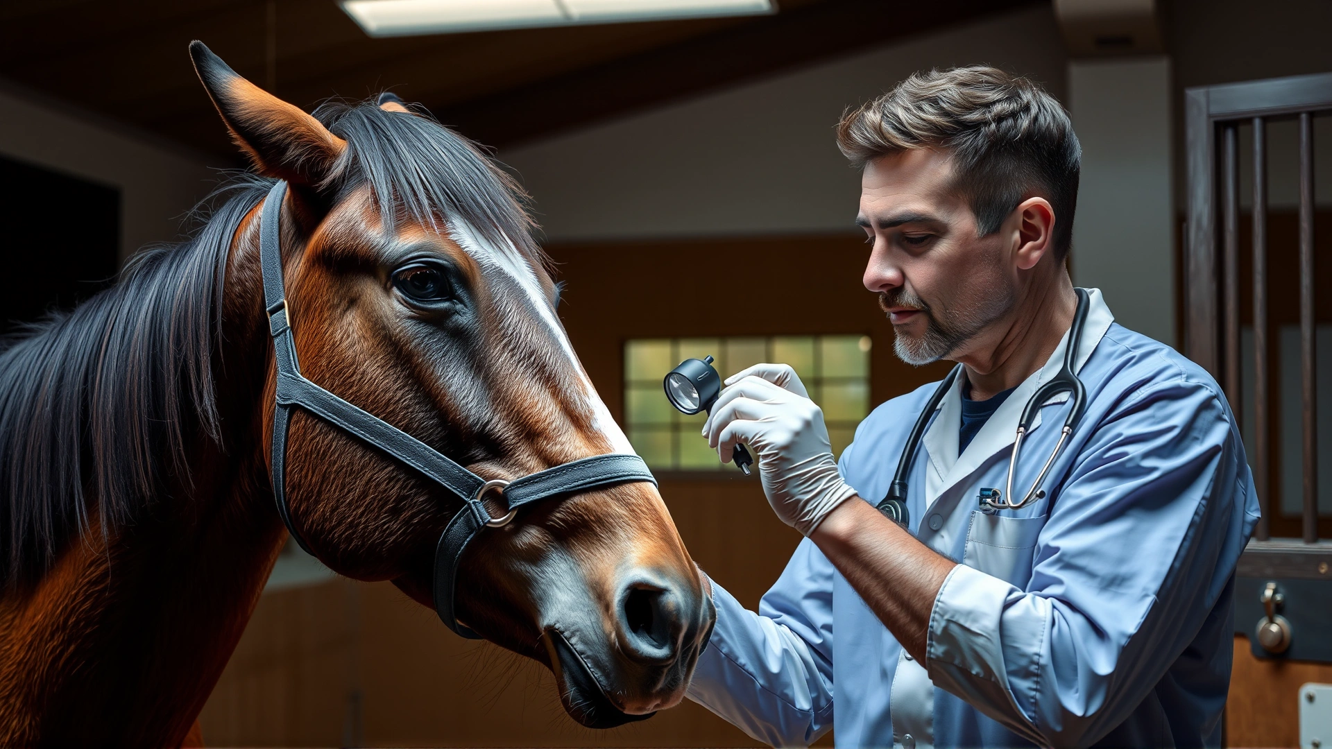 A veterinarian gently examining a horse’s head with a handheld light source, inside a clean stable environment, demonstrating diagnostic process.