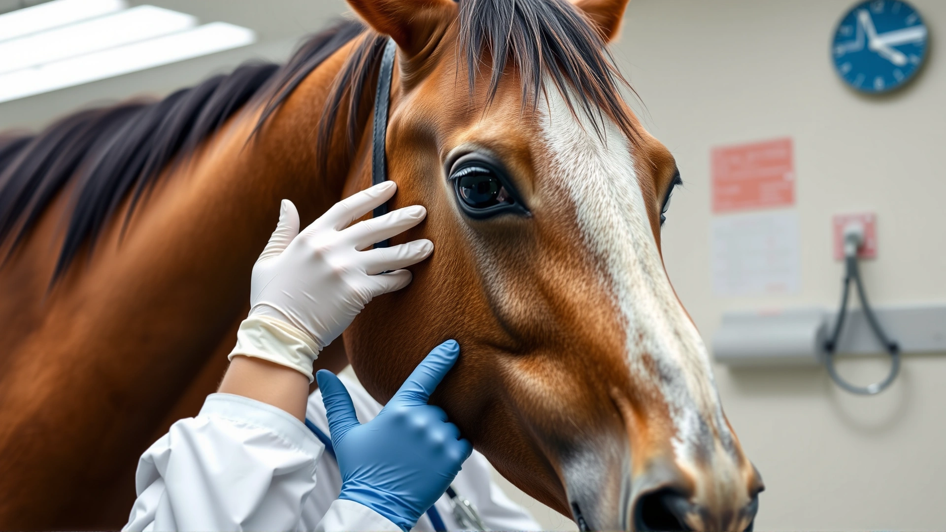 Veterinarian wearing gloves gently examining a horse's neck in a clinic setting, no text