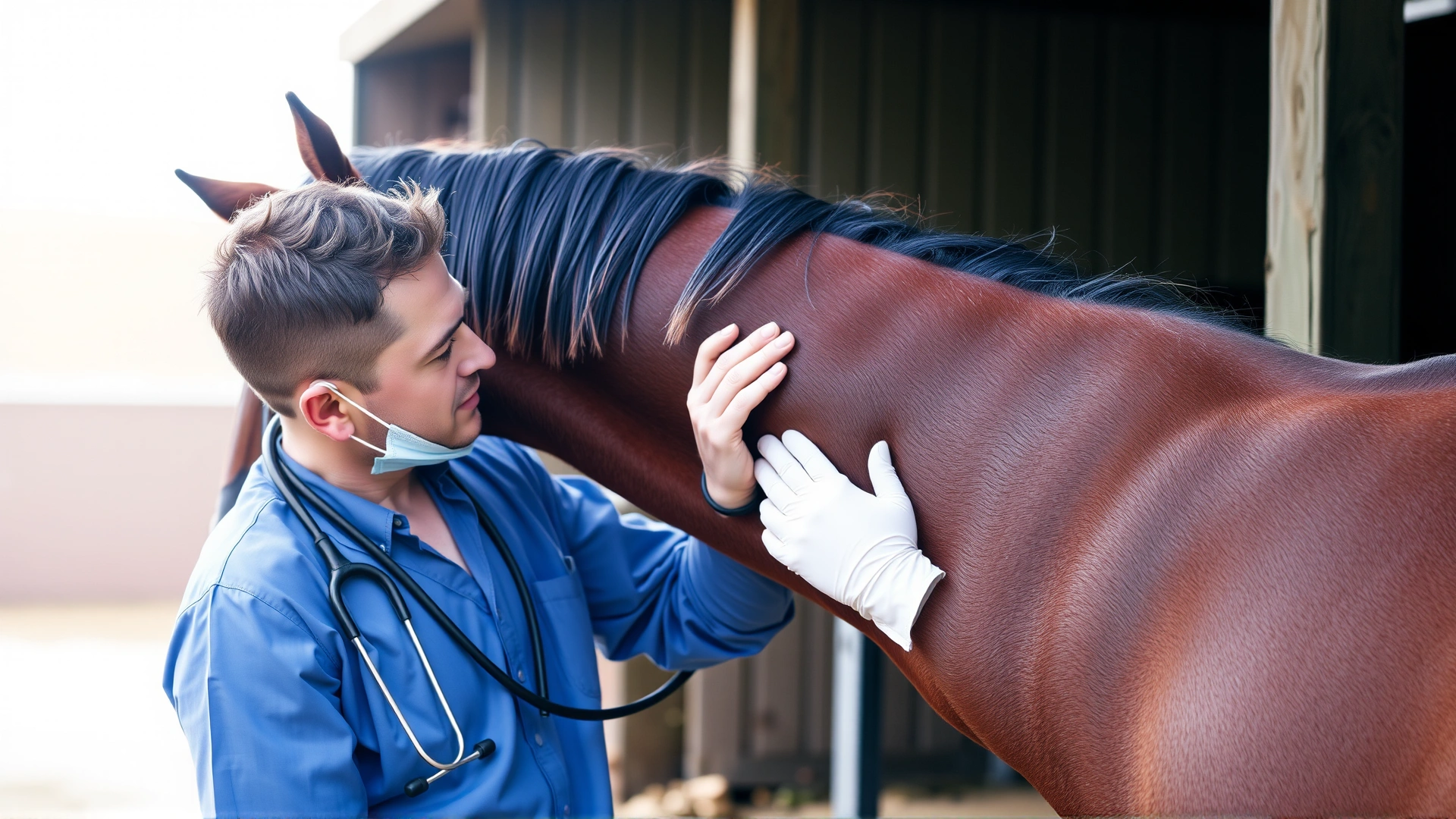 Equine veterinarian lifting a horse's mane to examine skin lesions, stethoscope around neck, calm barn background.