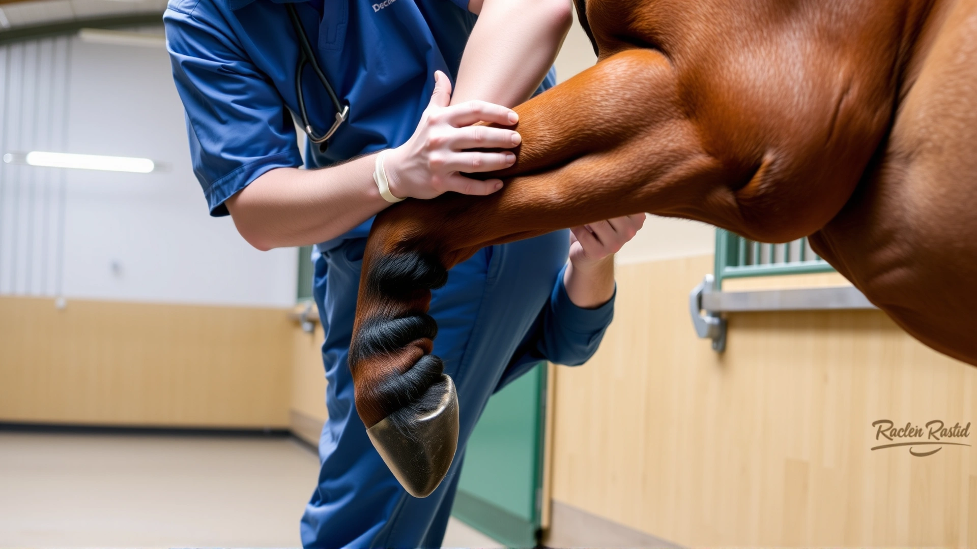 Equine veterinarian gently flexing a horse's front leg while assessing joint health inside a clean stable